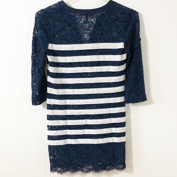 BCBG MaxAzria Lace and Fabric Stripe Shift Dress Three Quarter Sleeve Navy White - Picture 3 of 8
